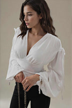 Tied V-Neck Balloon Sleeve Blouse