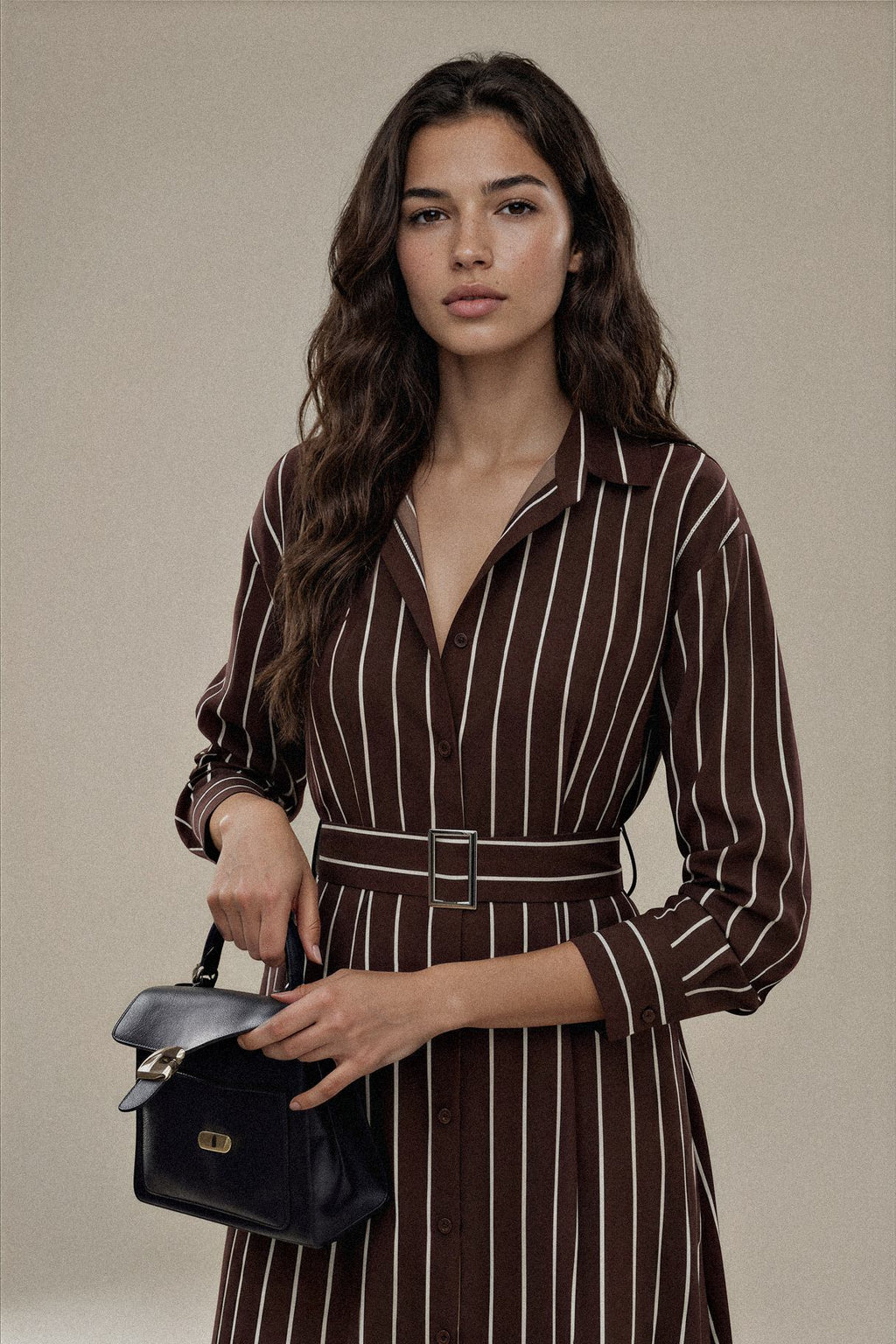 Striped Long Sleeve Belted Shirt Dress