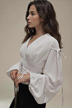 Tied V-Neck Balloon Sleeve Blouse