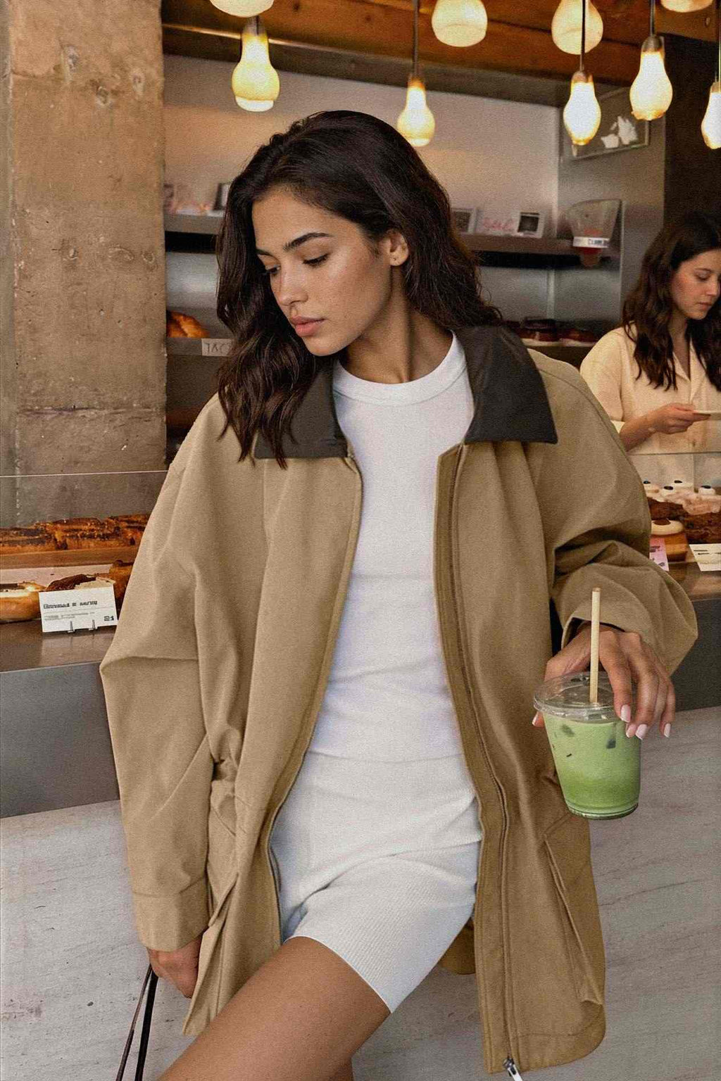 Oversized Contrast Collar Jacket with Drawstring Waist