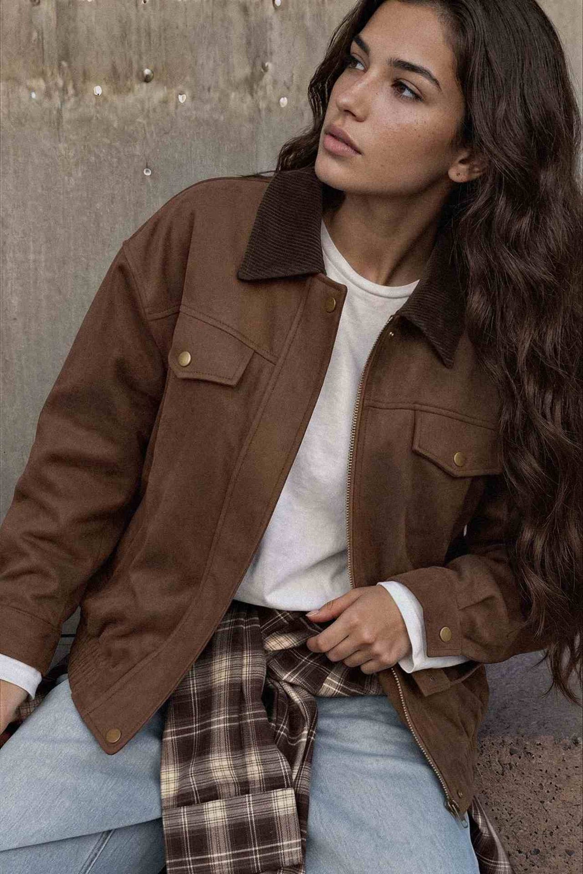 A woman wearing a brown suede jacket with a corduroy collar, layered over a white t-shirt and light blue jeans, sitting against a textured concrete wall.