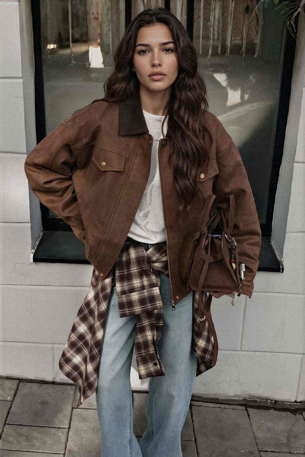 A woman stands outdoors wearing an oversized brown suede jacket over a white T-shirt, light blue jeans, and a brown plaid shirt tied around her waist, with a matching brown bag.