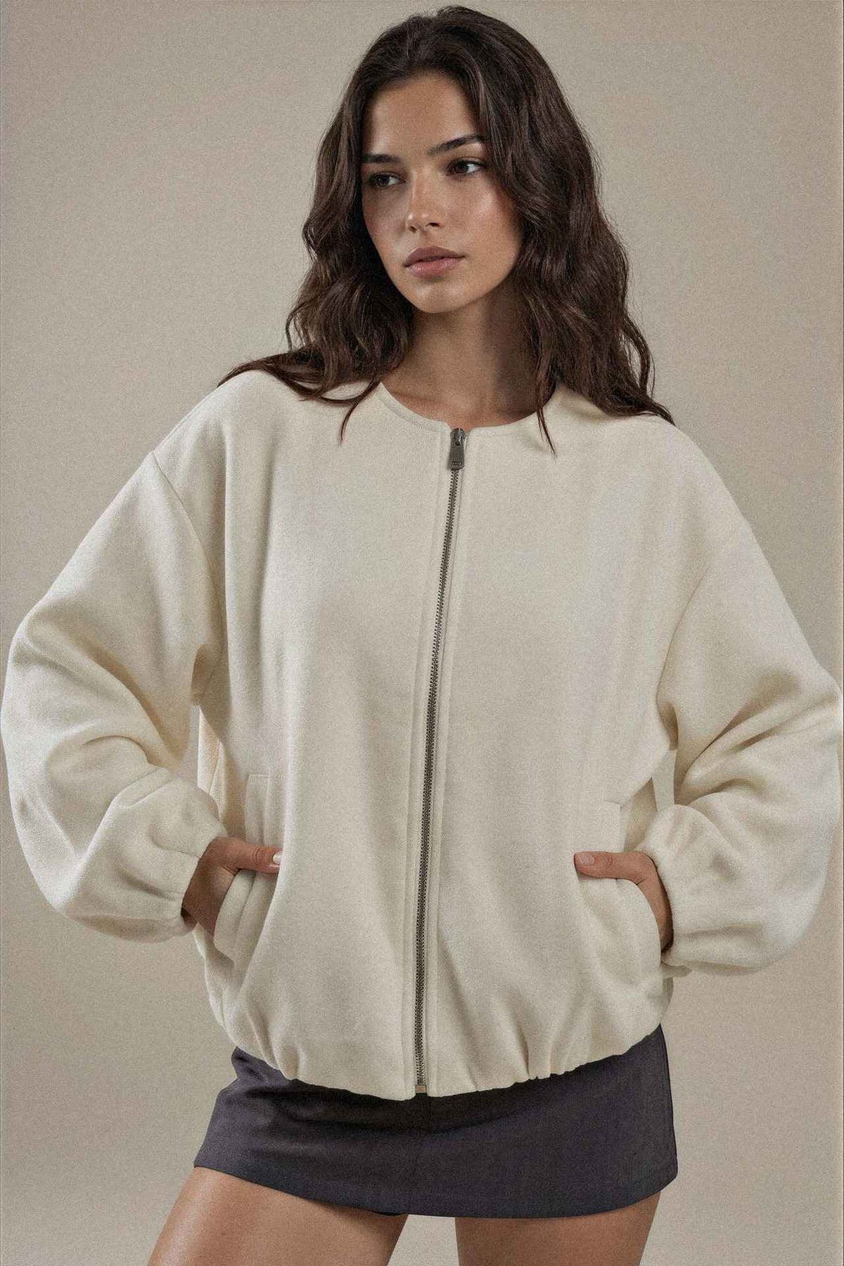 Fleece Bomber Jacket with Zipper Closure