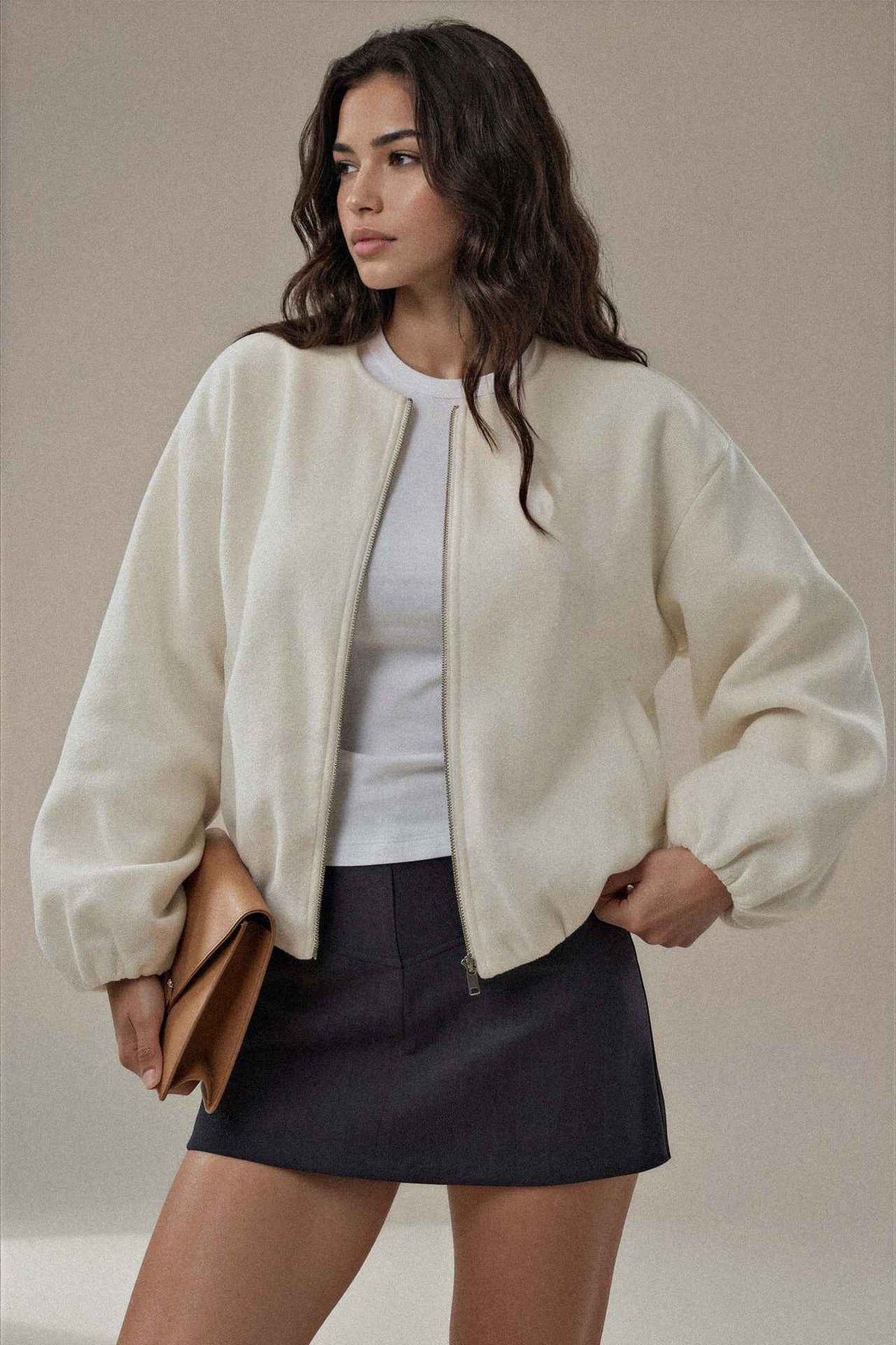 Fleece Bomber Jacket with Zipper Closure