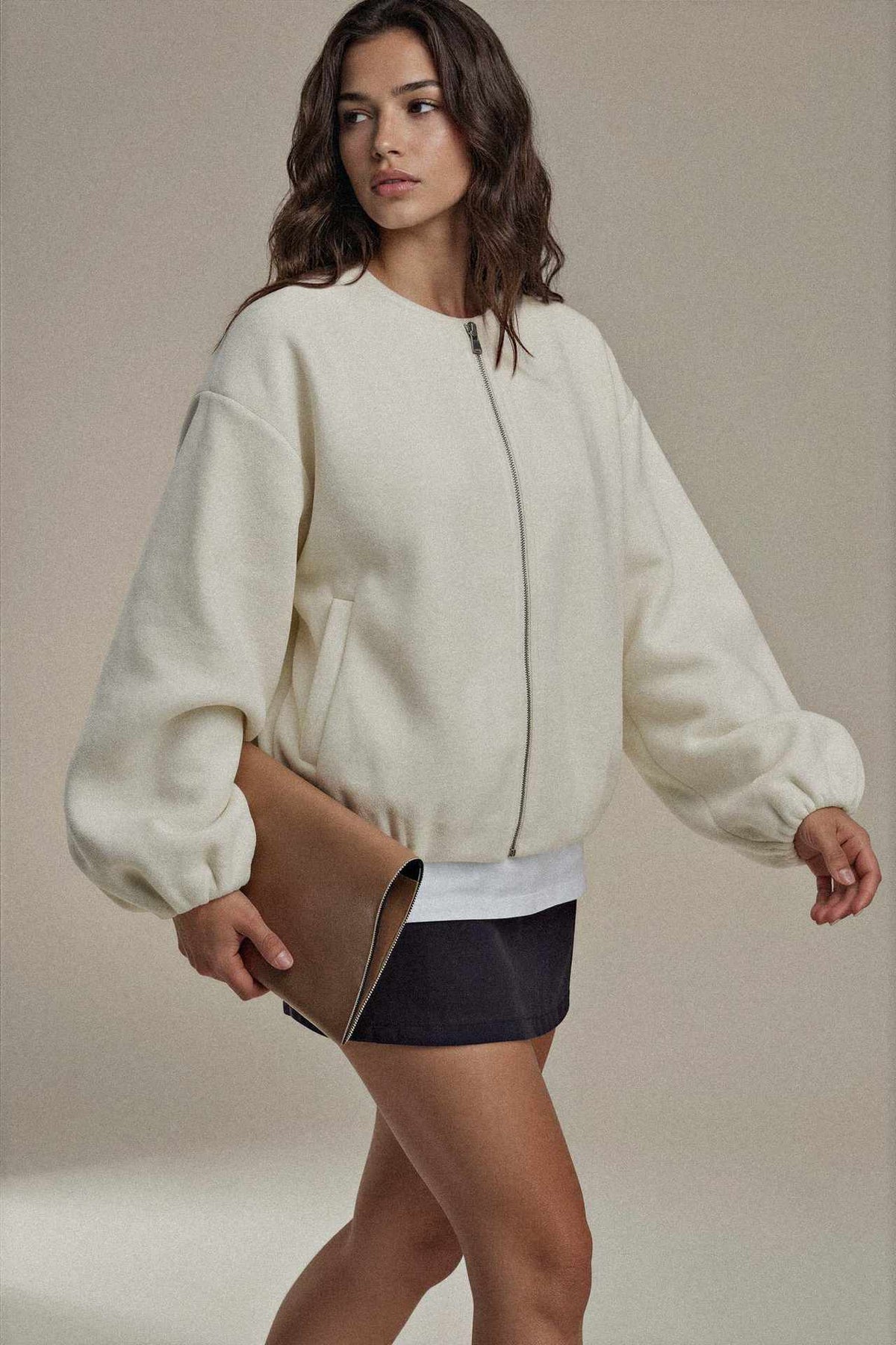 Fleece Bomber Jacket with Zipper Closure