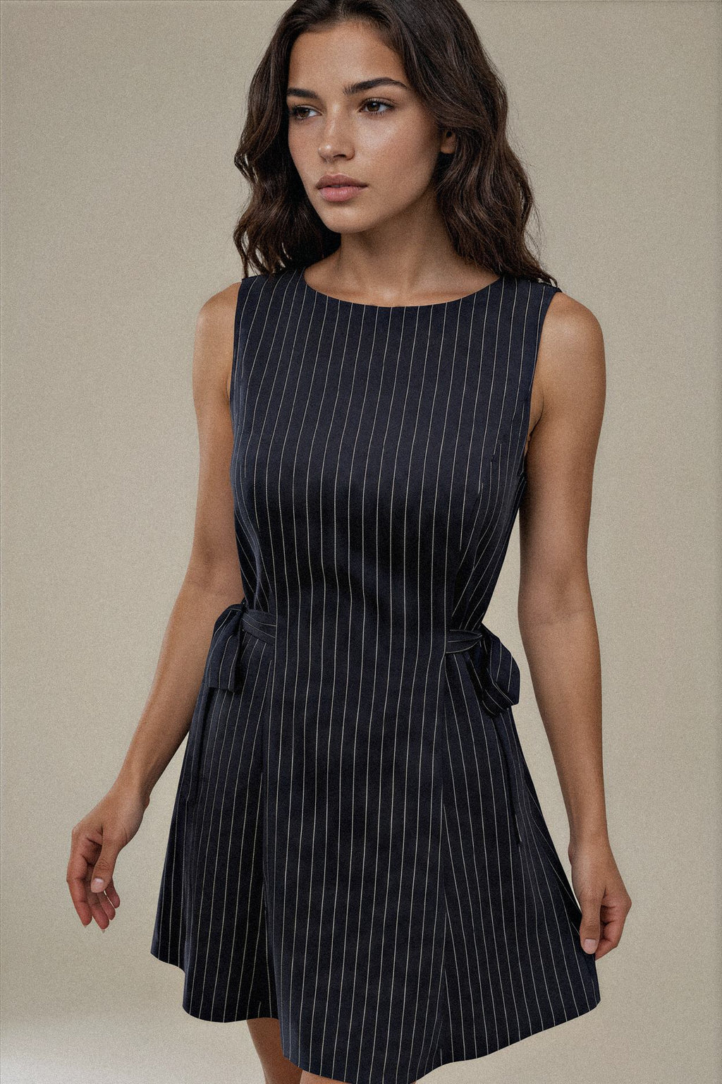 Striped Sleeveless Tie Waist Dress