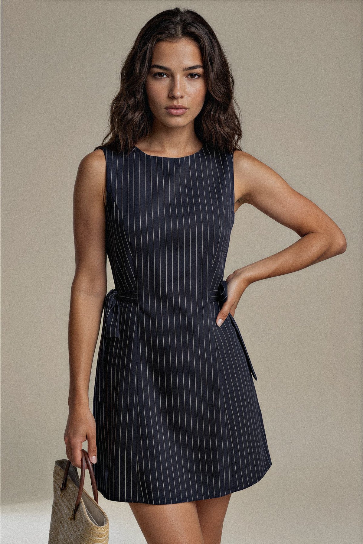 Striped Sleeveless Tie Waist Dress