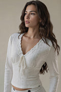 Eyelet V-Neck Long Sleeve T-Shirt