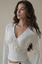 Eyelet V-Neck Long Sleeve T-Shirt