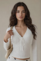 Eyelet V-Neck Long Sleeve T-Shirt