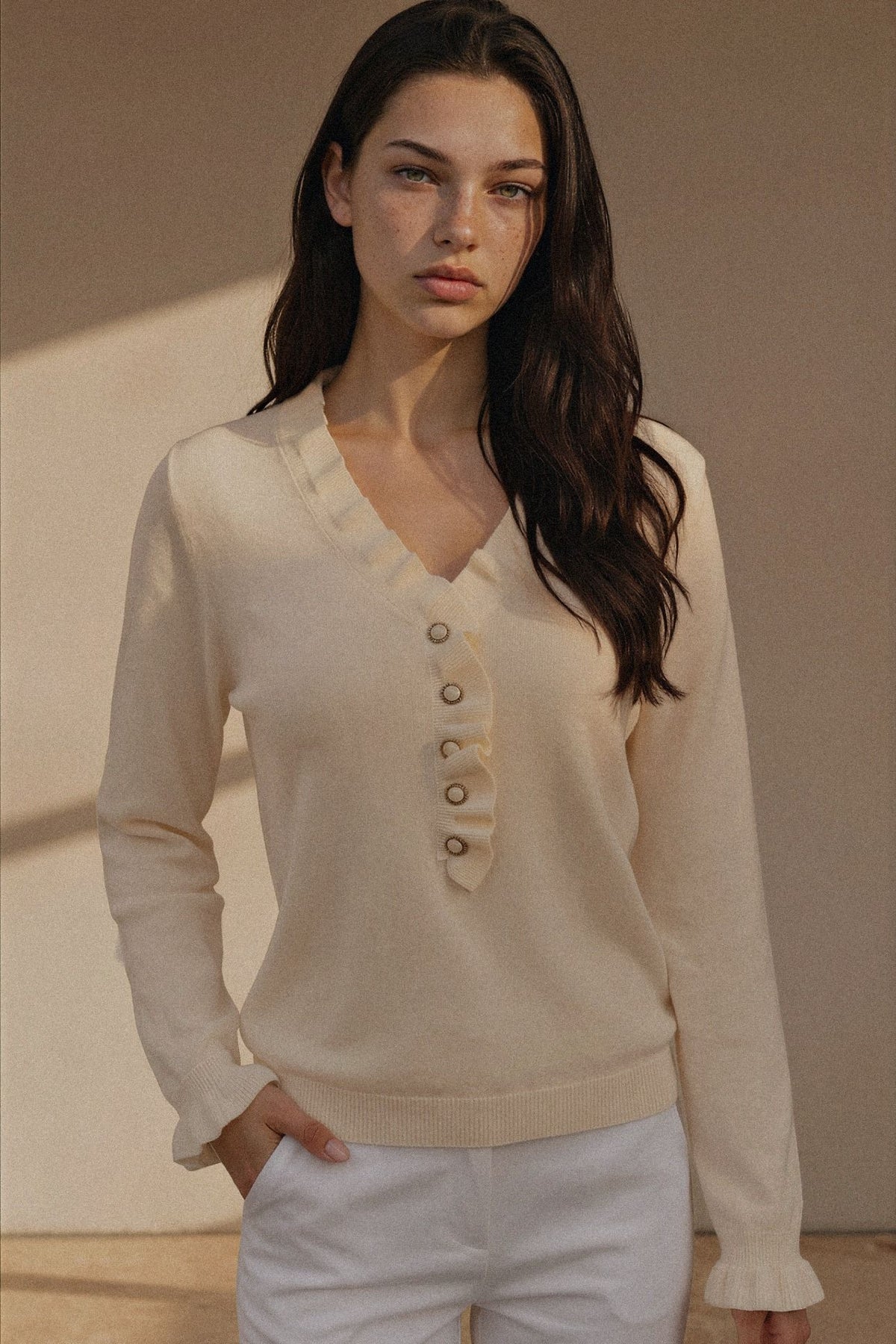 Ruffle Trim Pearl Button V-Neck Knit Top