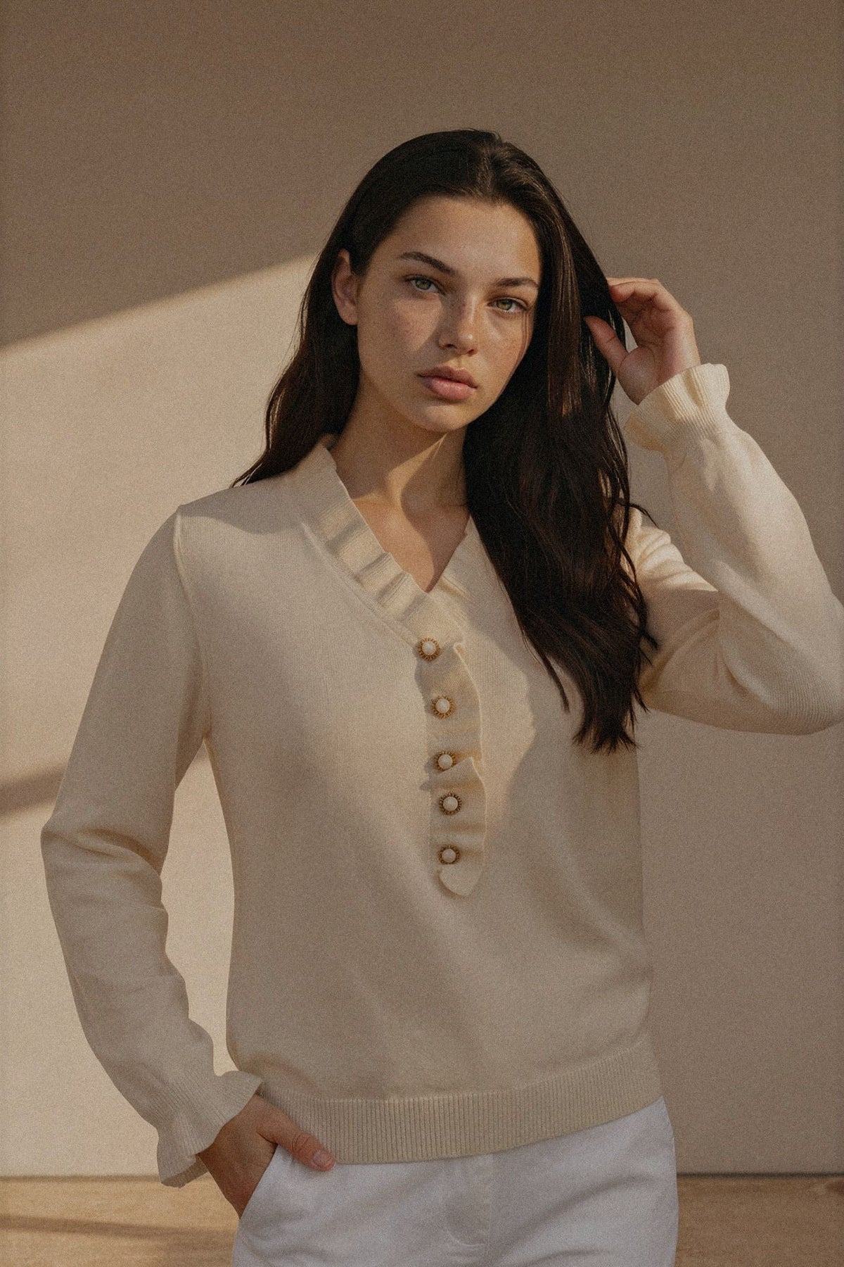 Ruffle Trim Pearl Button V-Neck Knit Top