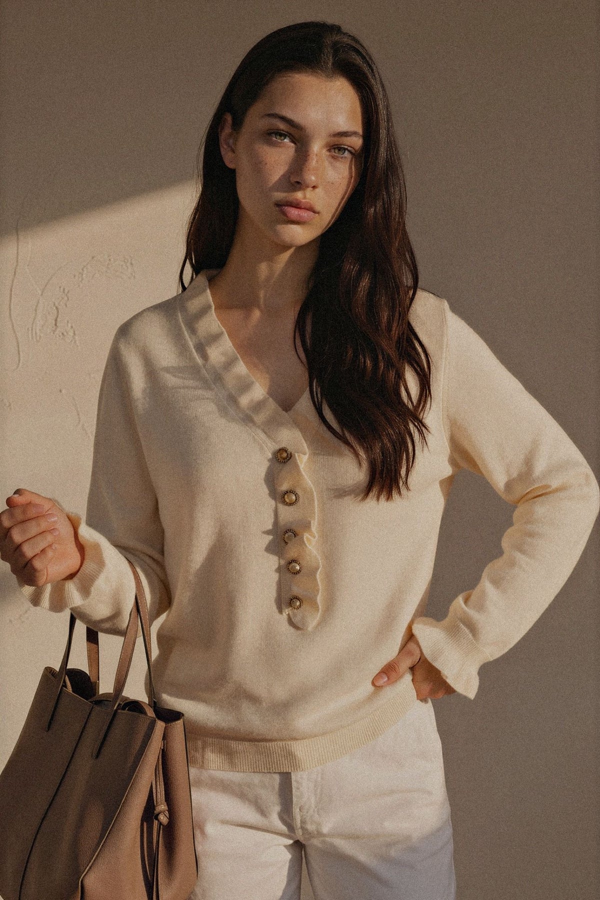 Ruffle Trim Pearl Button V-Neck Knit Top