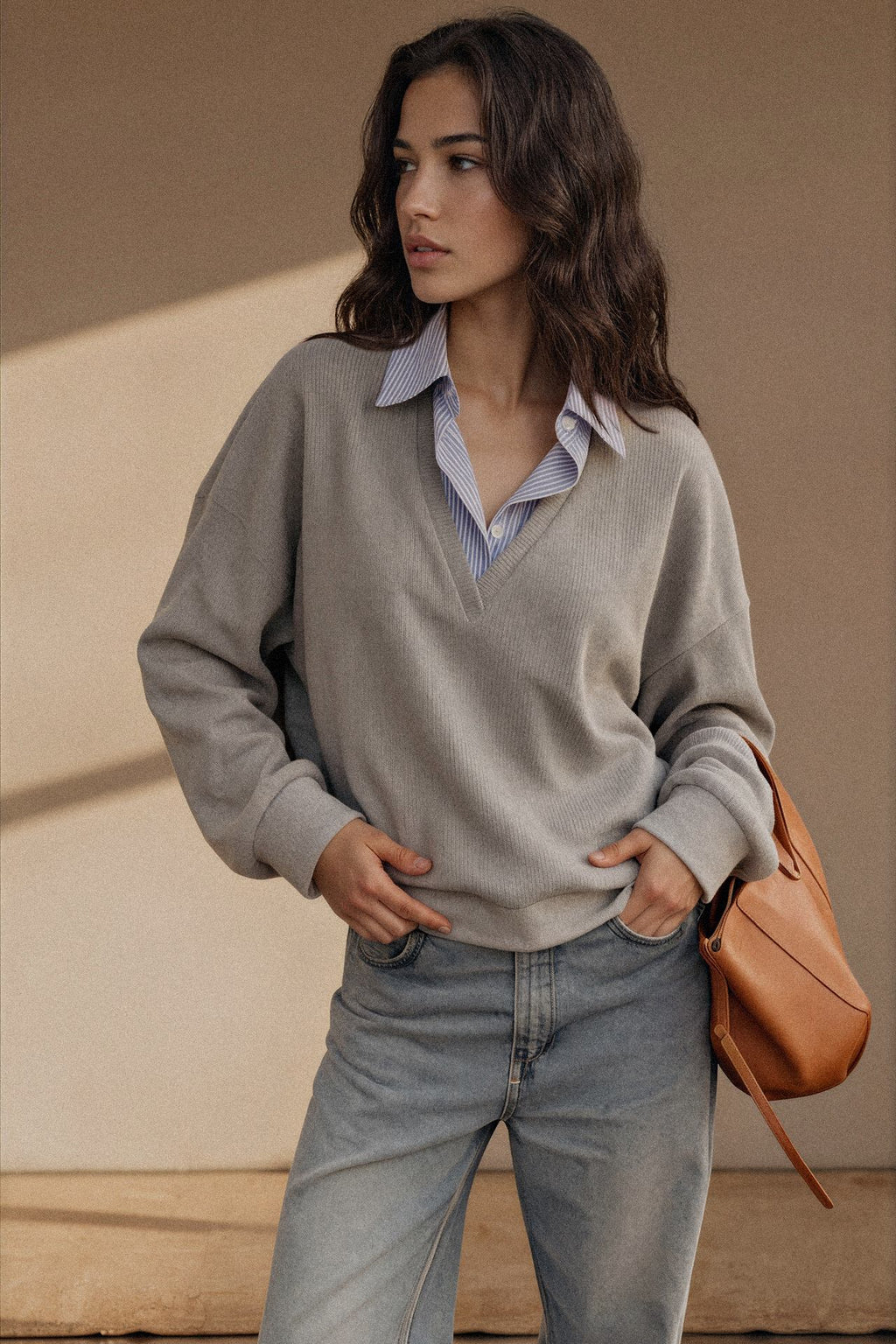 Striped Collar Dropped Shoulder Sweatshirt