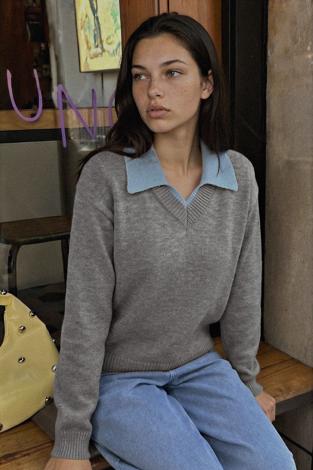 Contrast Collar Dropped Shoulder Sweater