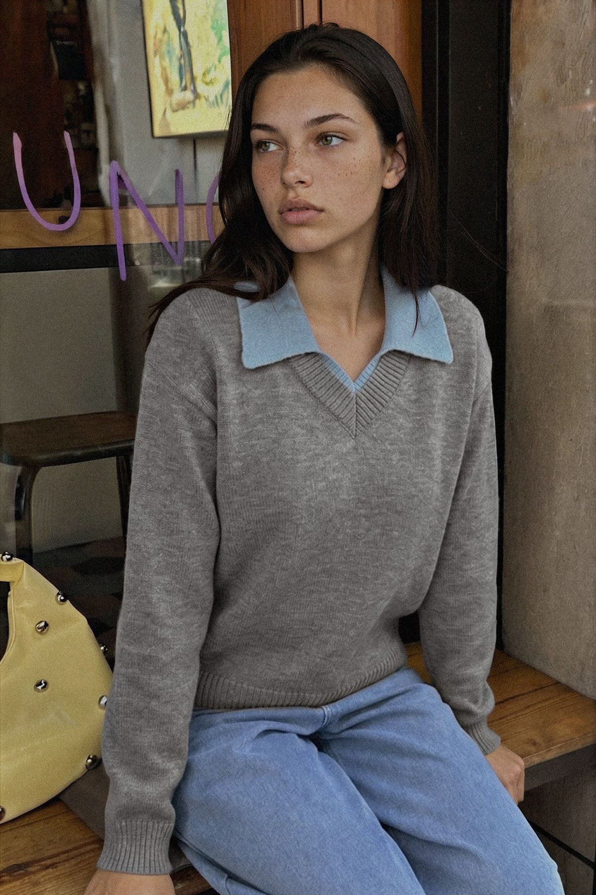 Contrast Collar Dropped Shoulder Sweater