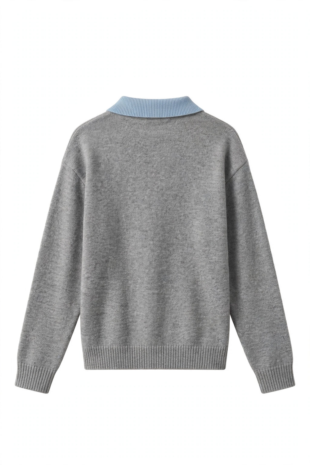A gray knit sweater with a light blue ribbed collar, shown from the back on a white background.