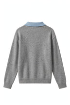 A gray knit sweater with a light blue ribbed collar, shown from the back on a white background.