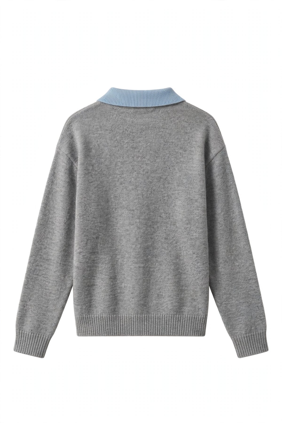 A gray knit sweater with a light blue ribbed collar, shown from the back on a white background.