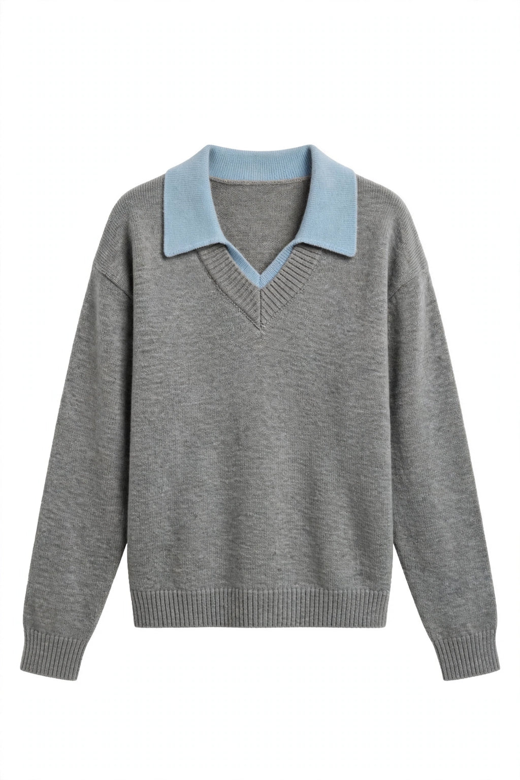 A gray knit sweater with a contrasting light blue v-neck collar, shown against a plain white background.