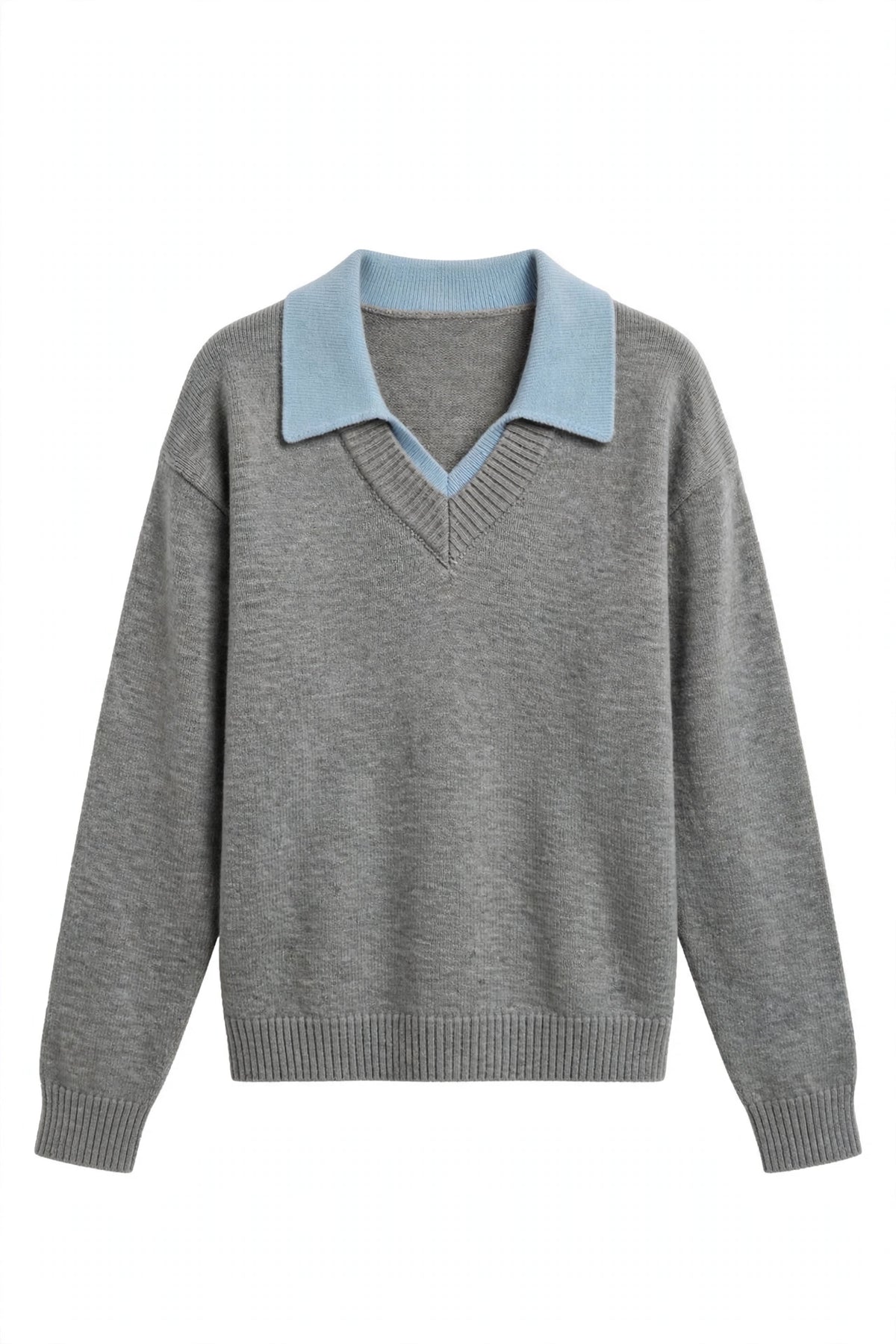 A gray knit sweater with a contrasting light blue v-neck collar, shown against a plain white background.