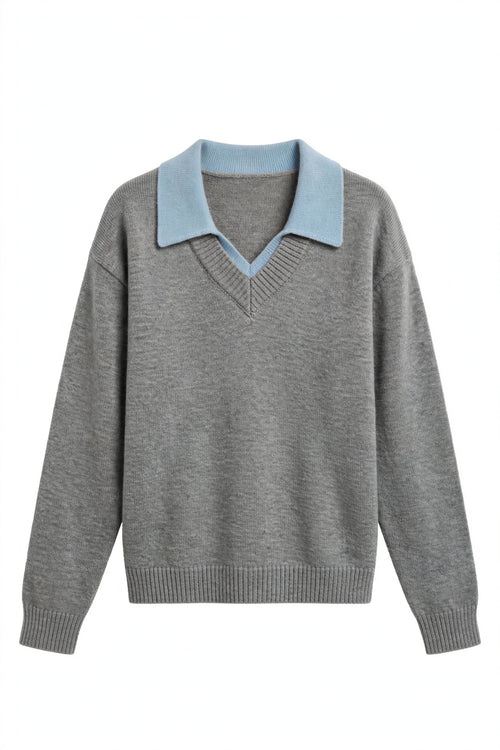 A gray knit sweater with a contrasting light blue v-neck collar, shown against a plain white background.