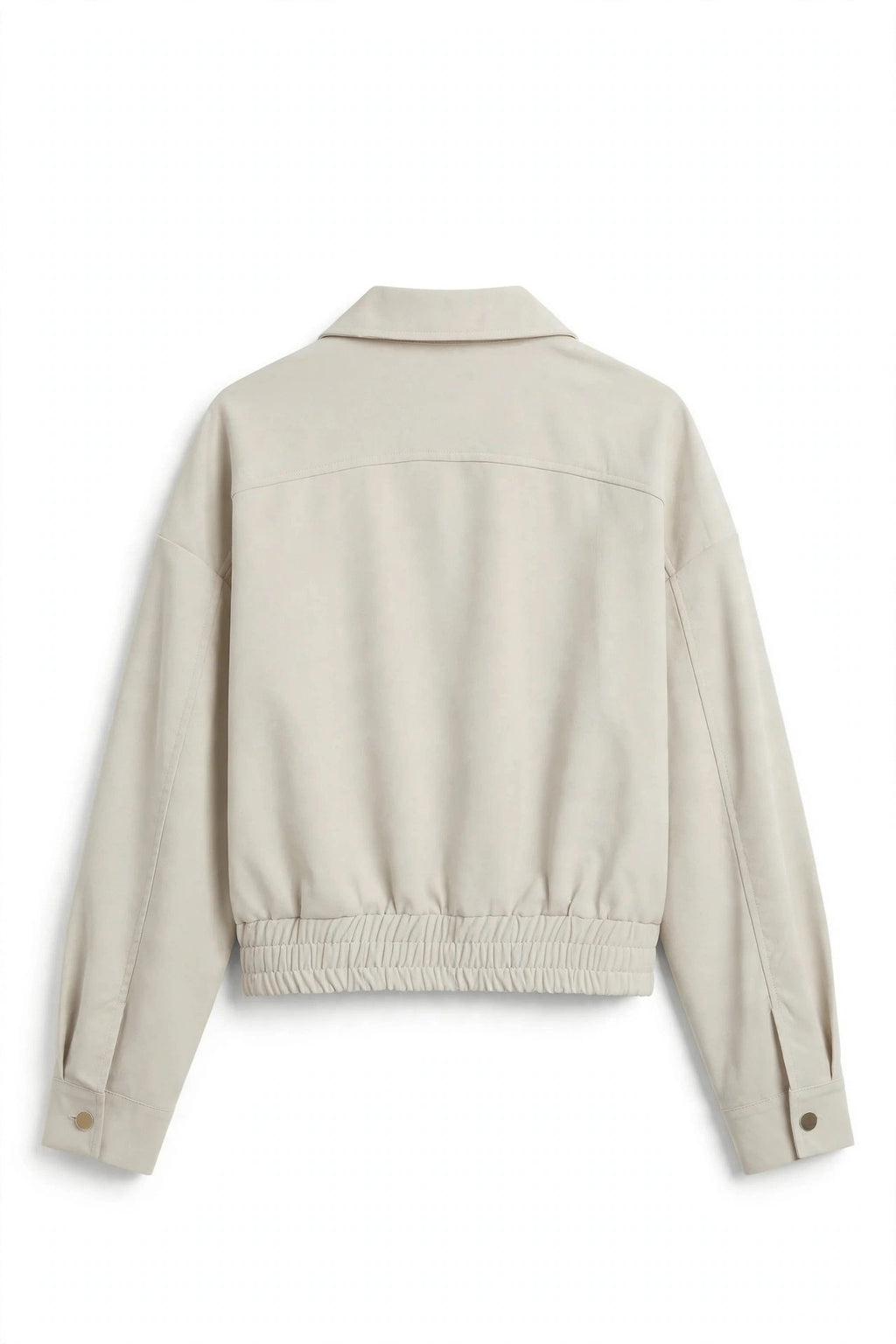A light beige cropped jacket with a gathered elastic hem and button cuffs, shown from the back on a white background.