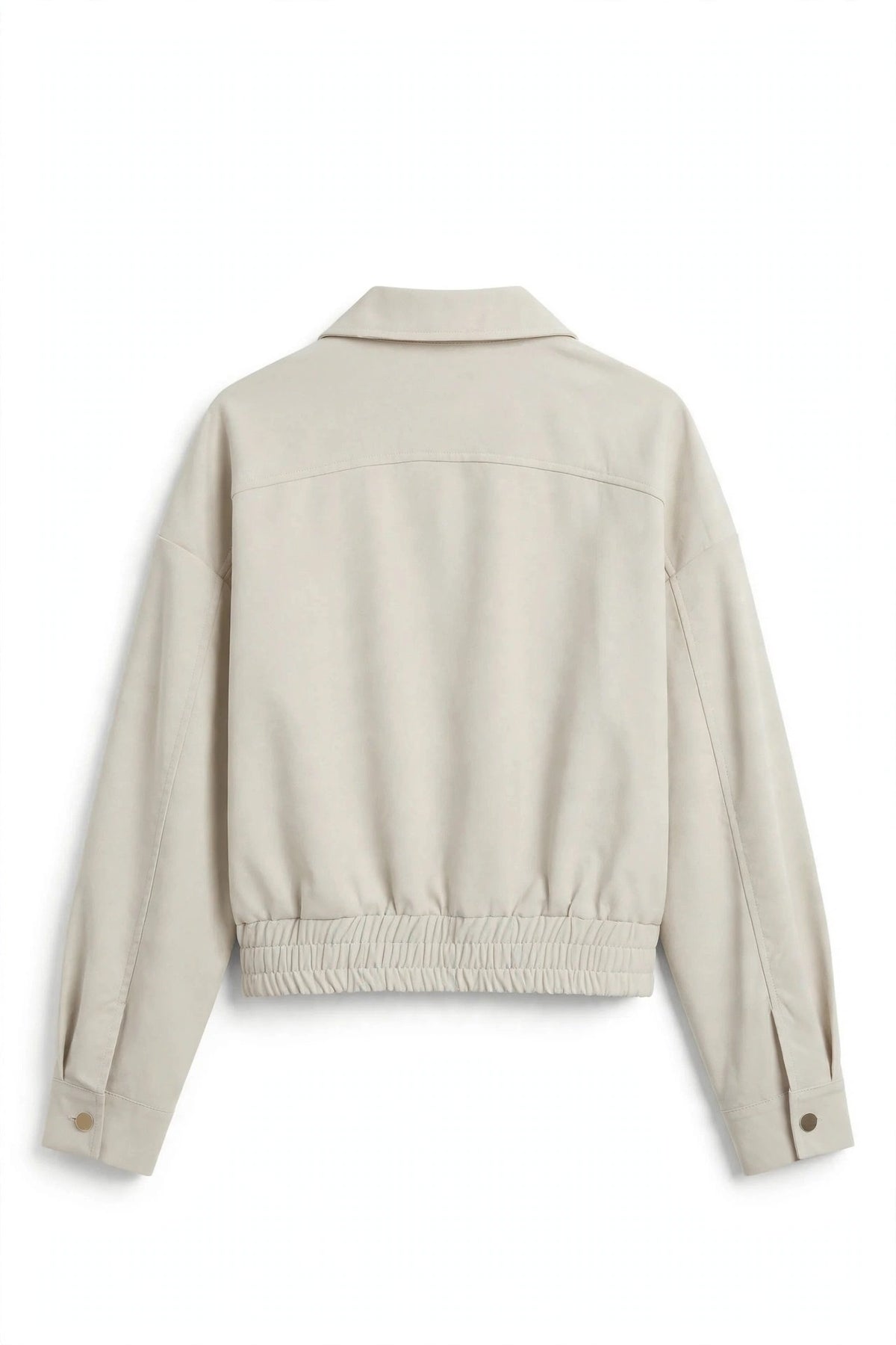 A light beige cropped jacket with a gathered elastic hem and button cuffs, shown from the back on a white background.