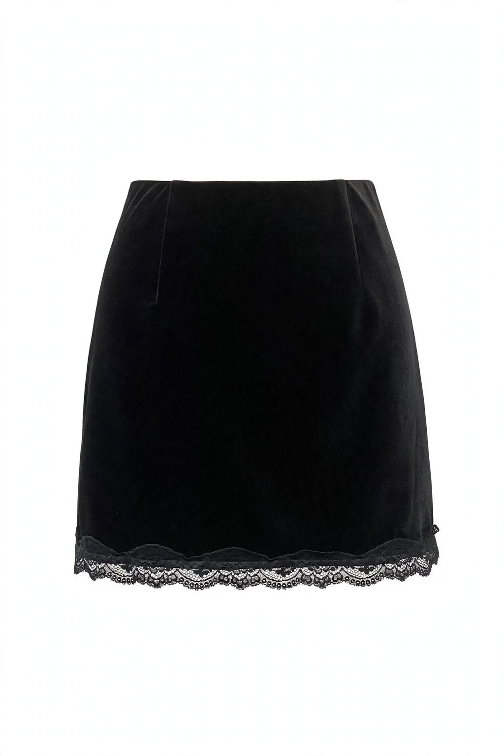 A black velvet mini skirt with a scalloped black lace hem, shown against a plain white background.