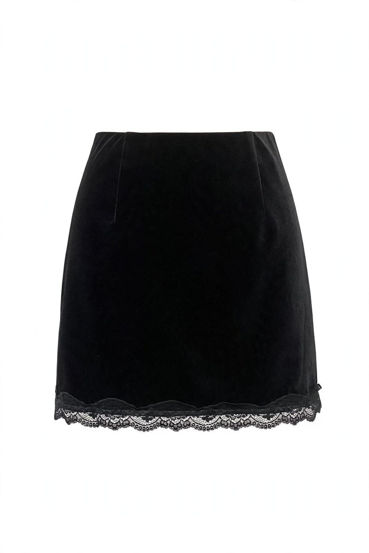 A black velvet mini skirt with a scalloped black lace hem, shown against a plain white background.