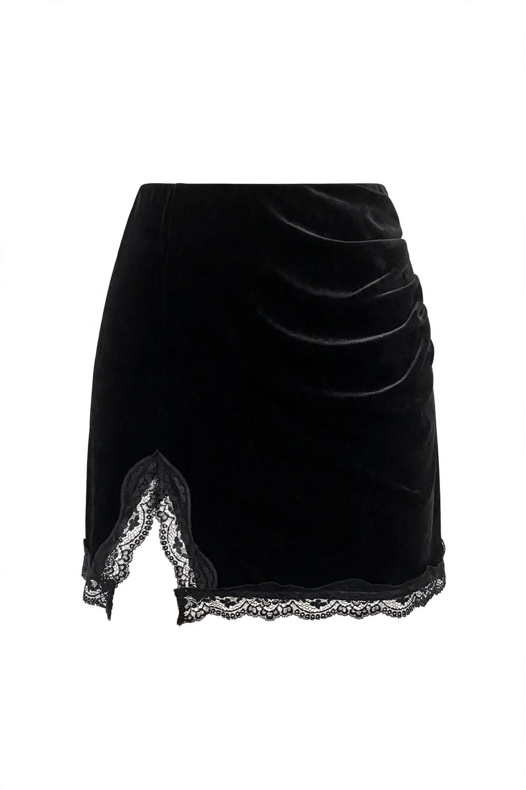 A black velvet wrap-style mini skirt with ruched draping on the front and a scalloped black lace hem, shown against a plain white background.