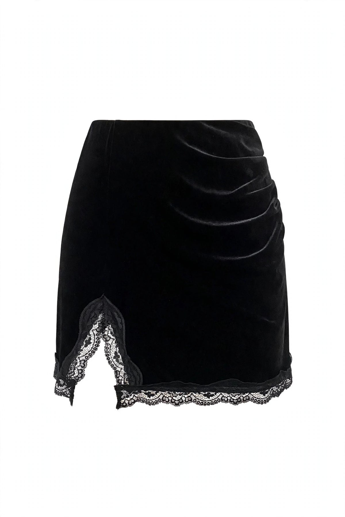 A black velvet wrap-style mini skirt with ruched draping on the front and a scalloped black lace hem, shown against a plain white background.