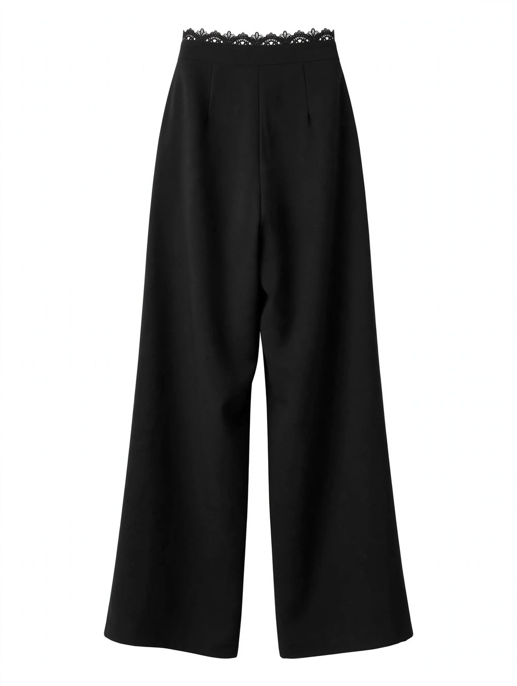 Black wide-leg cropped pants with a delicate lace trim detail along the waistband, shown against a plain white background.