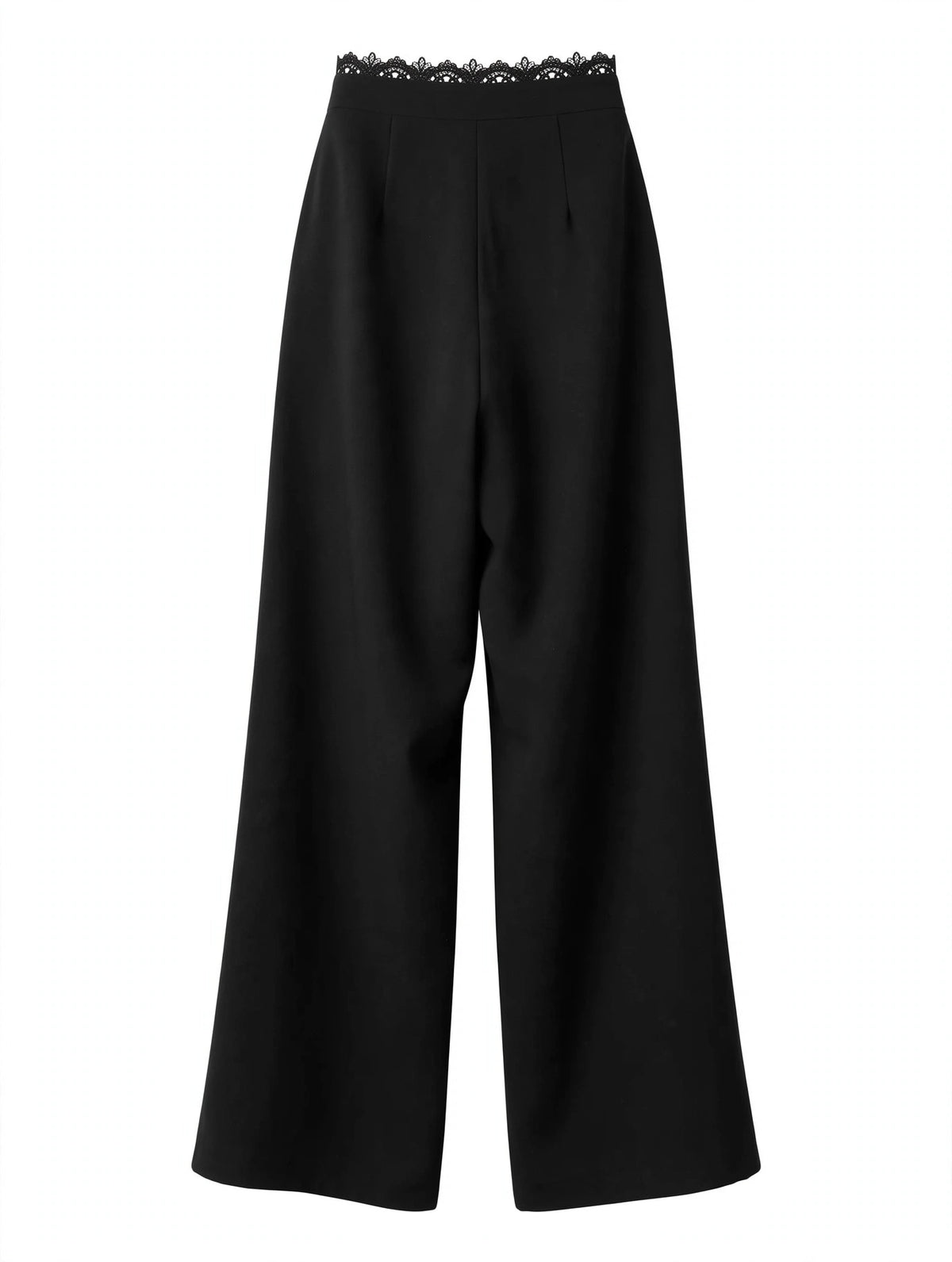 Black wide-leg cropped pants with a delicate lace trim detail along the waistband, shown against a plain white background.