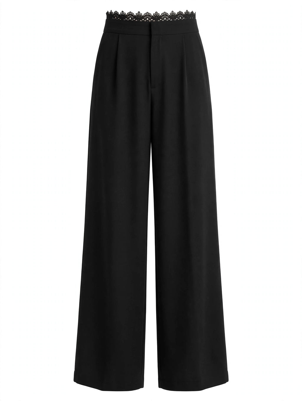 Black wide-leg cropped pants with a decorative lace trim at the waistband, shown on a plain white background.