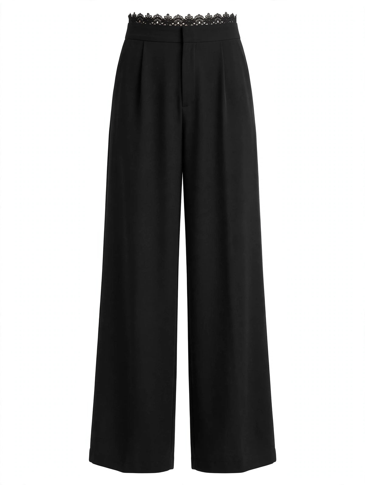 Black wide-leg cropped pants with a decorative lace trim at the waistband, shown on a plain white background.