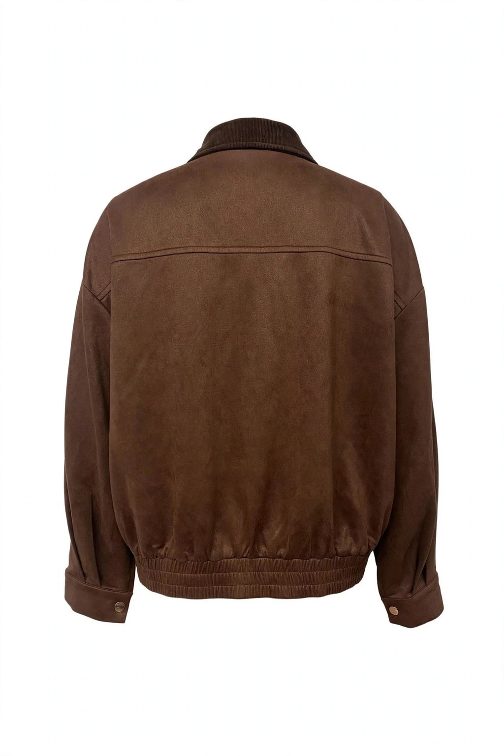 A brown suede or suede-like jacket shown from the back, featuring a collar, long sleeves, and a ribbed hem and cuffs, photographed against a plain white background.