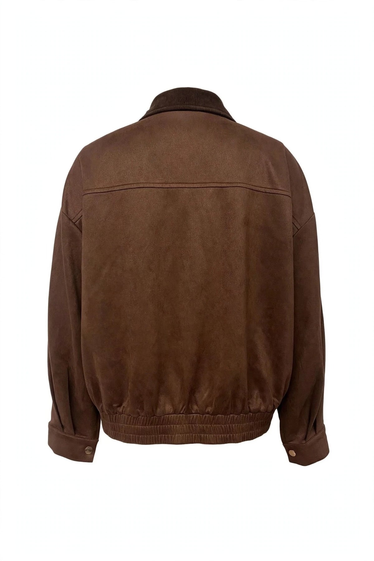 A brown suede or suede-like jacket shown from the back, featuring a collar, long sleeves, and a ribbed hem and cuffs, photographed against a plain white background.