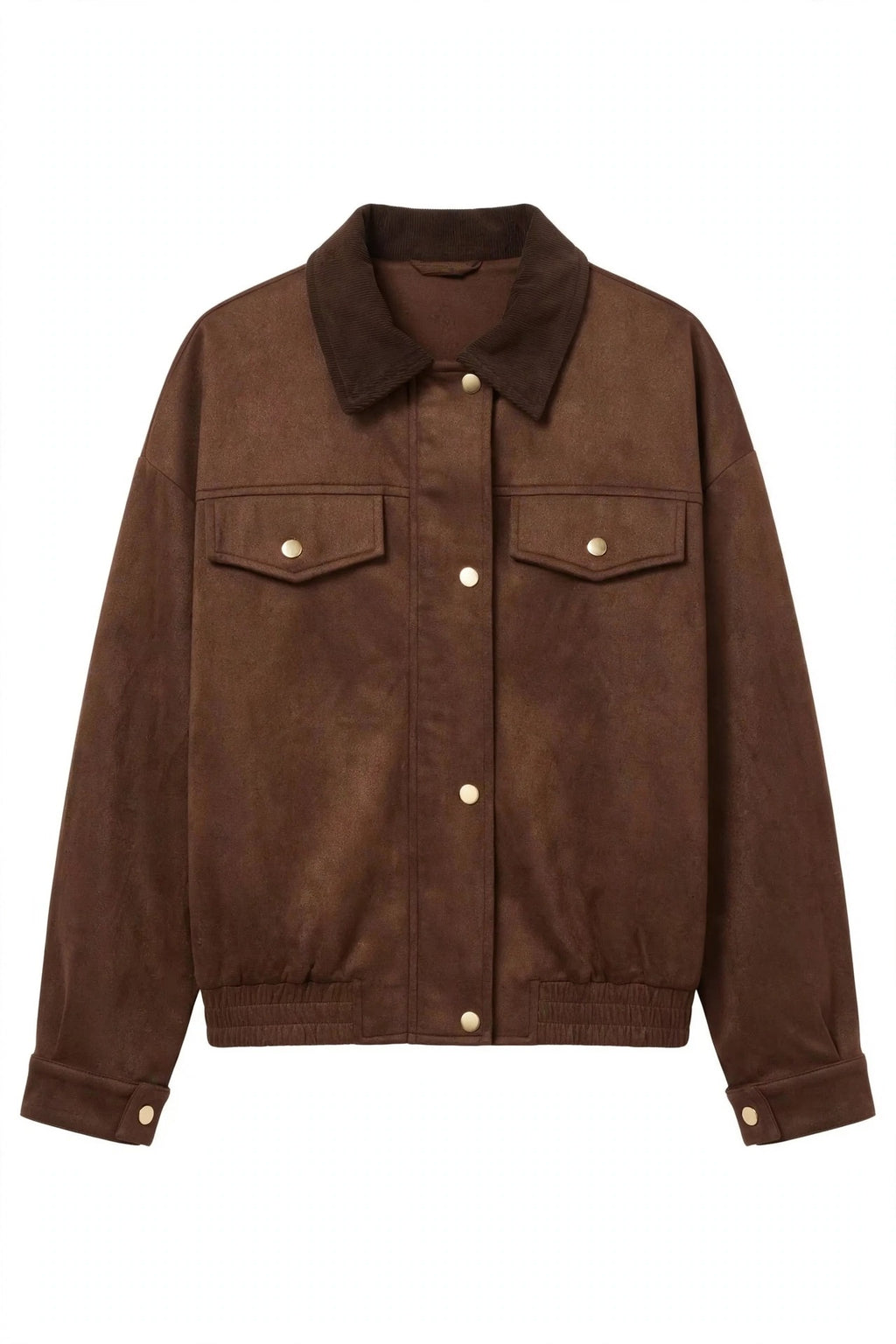 A brown suede jacket with a pointed collar, button-up front, and two flap chest pockets, shown against a plain white background.