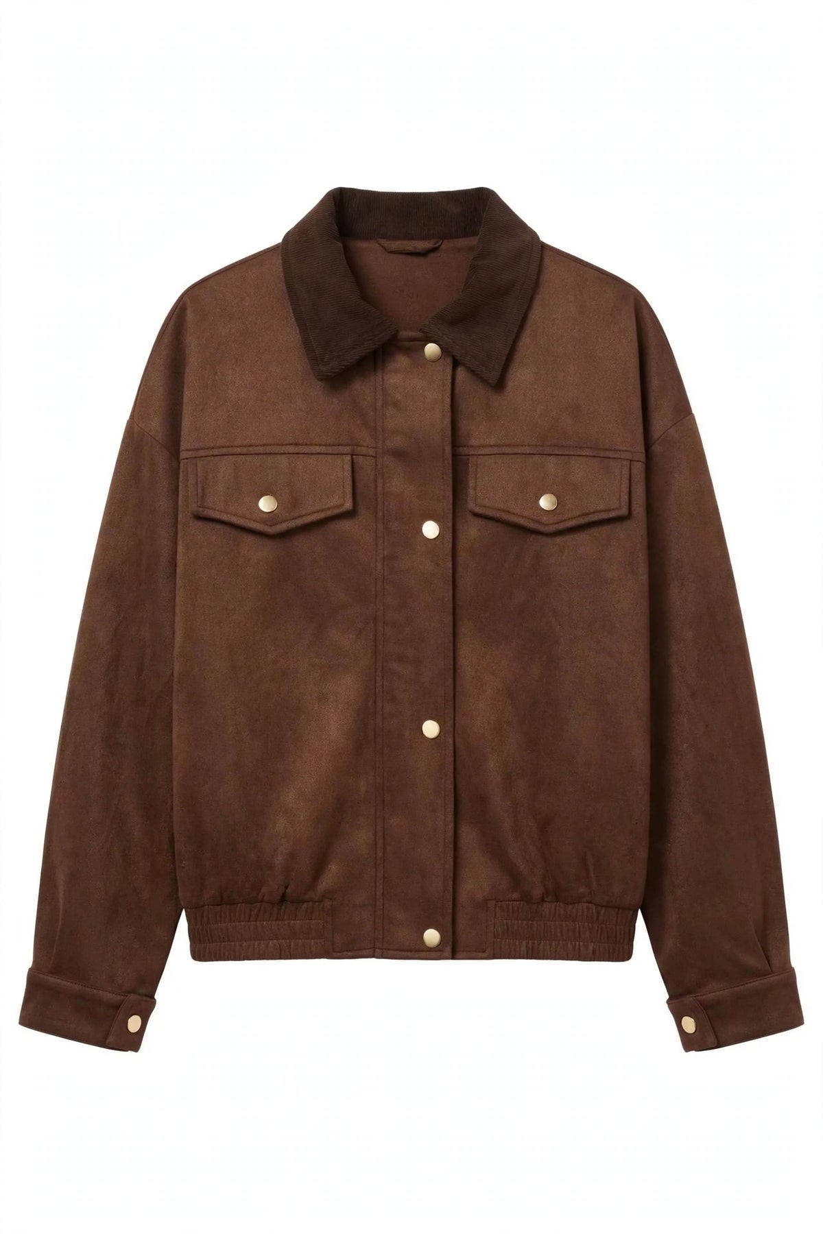A brown suede jacket with a pointed collar, button-up front, and two flap chest pockets, shown against a plain white background.
