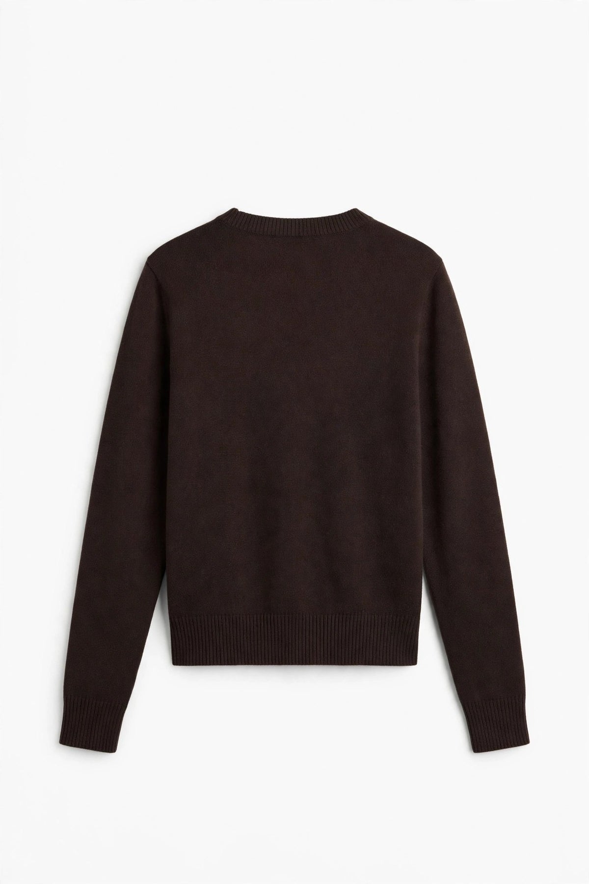 A dark brown long-sleeve knit sweater shown from the back, laid flat against a clean white background.