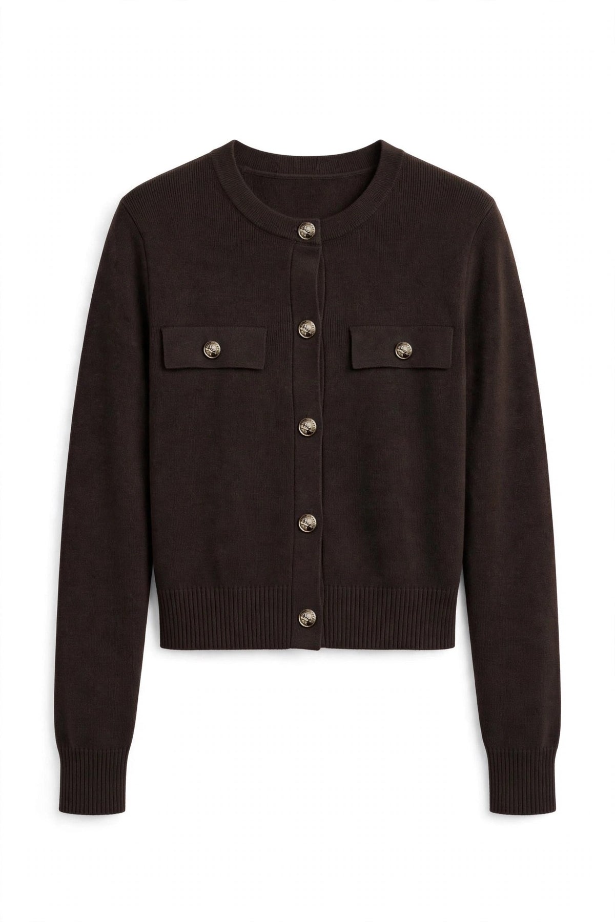 A dark brown cropped cardigan sweater with a crew neck, front button closure, and two buttoned chest flap pockets, shown on a plain white background.