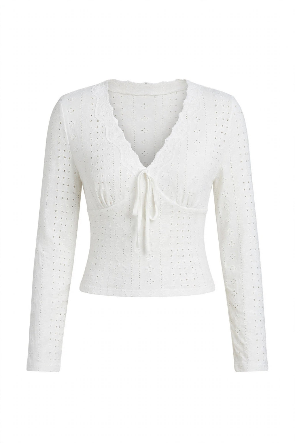 Eyelet V-Neck Long Sleeve T-Shirt