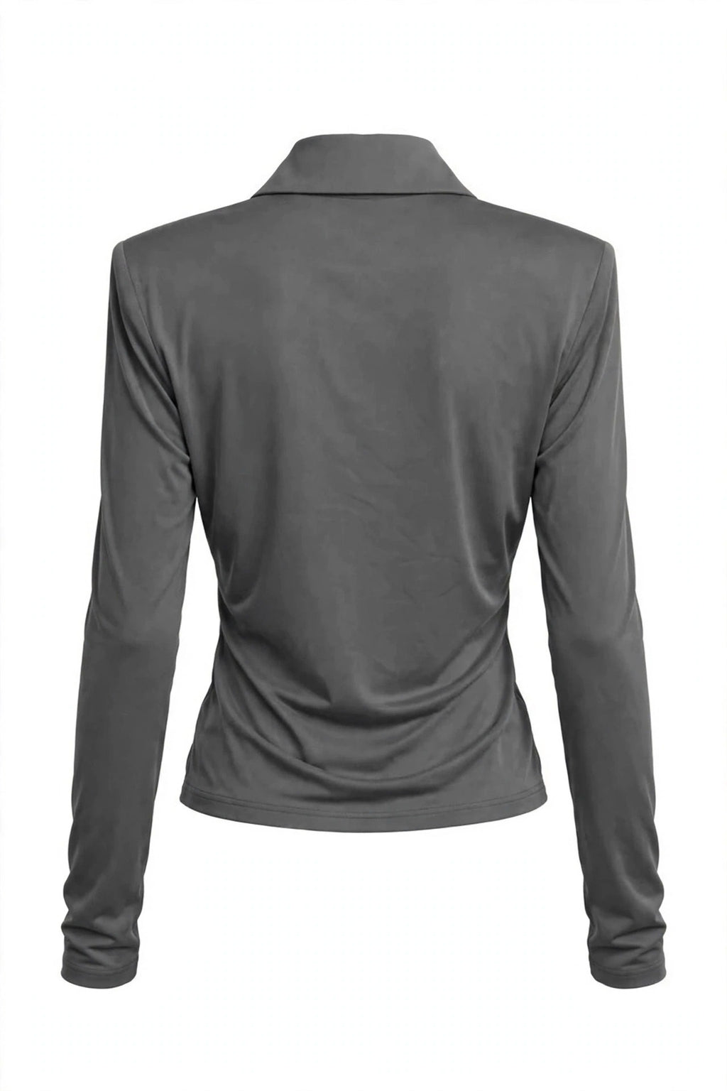 A dark gray long-sleeve collared shirt shown from the back, displayed on a headless mannequin against a plain white background.