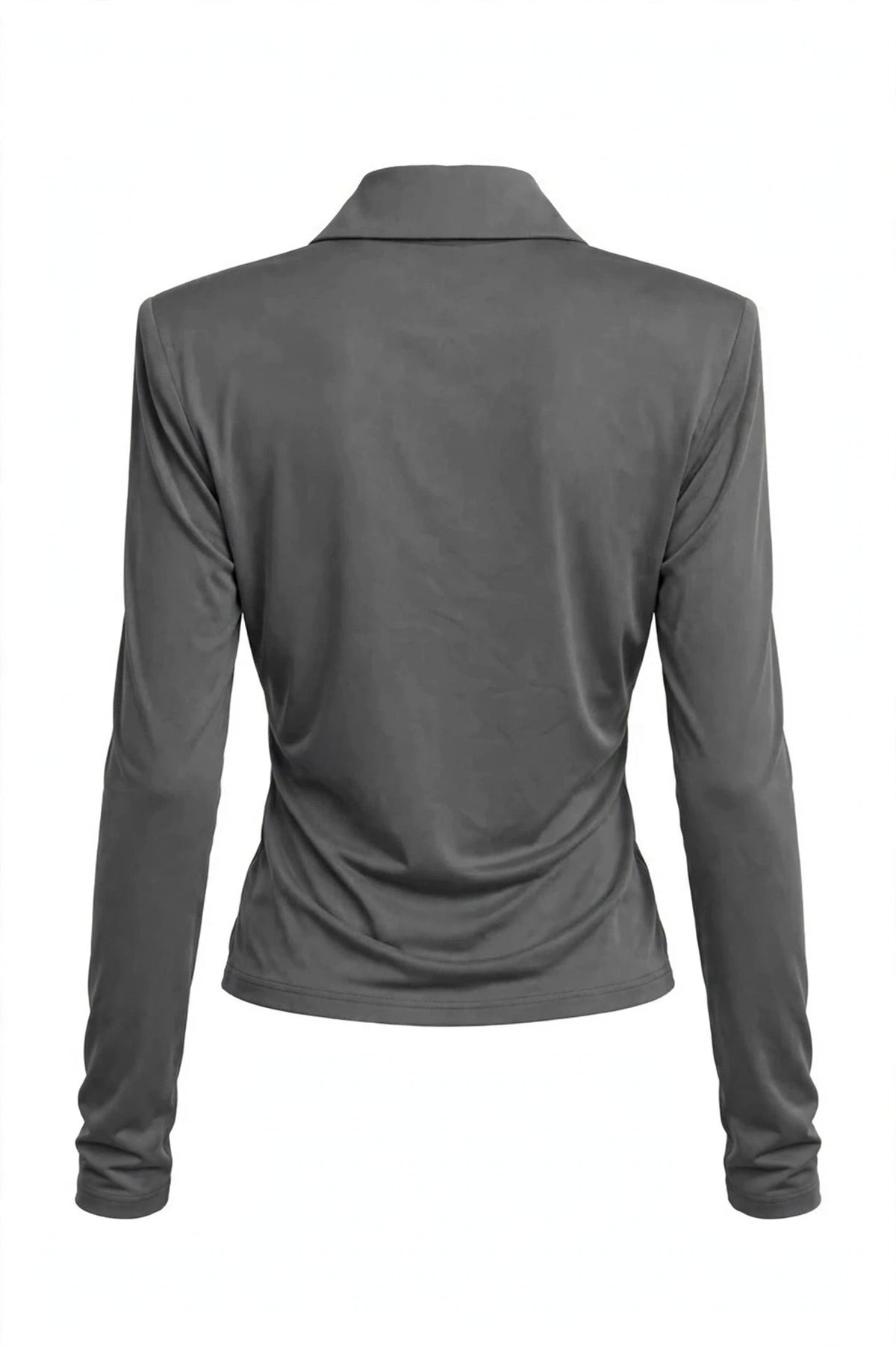 A dark gray long-sleeve collared shirt shown from the back, displayed on a headless mannequin against a plain white background.