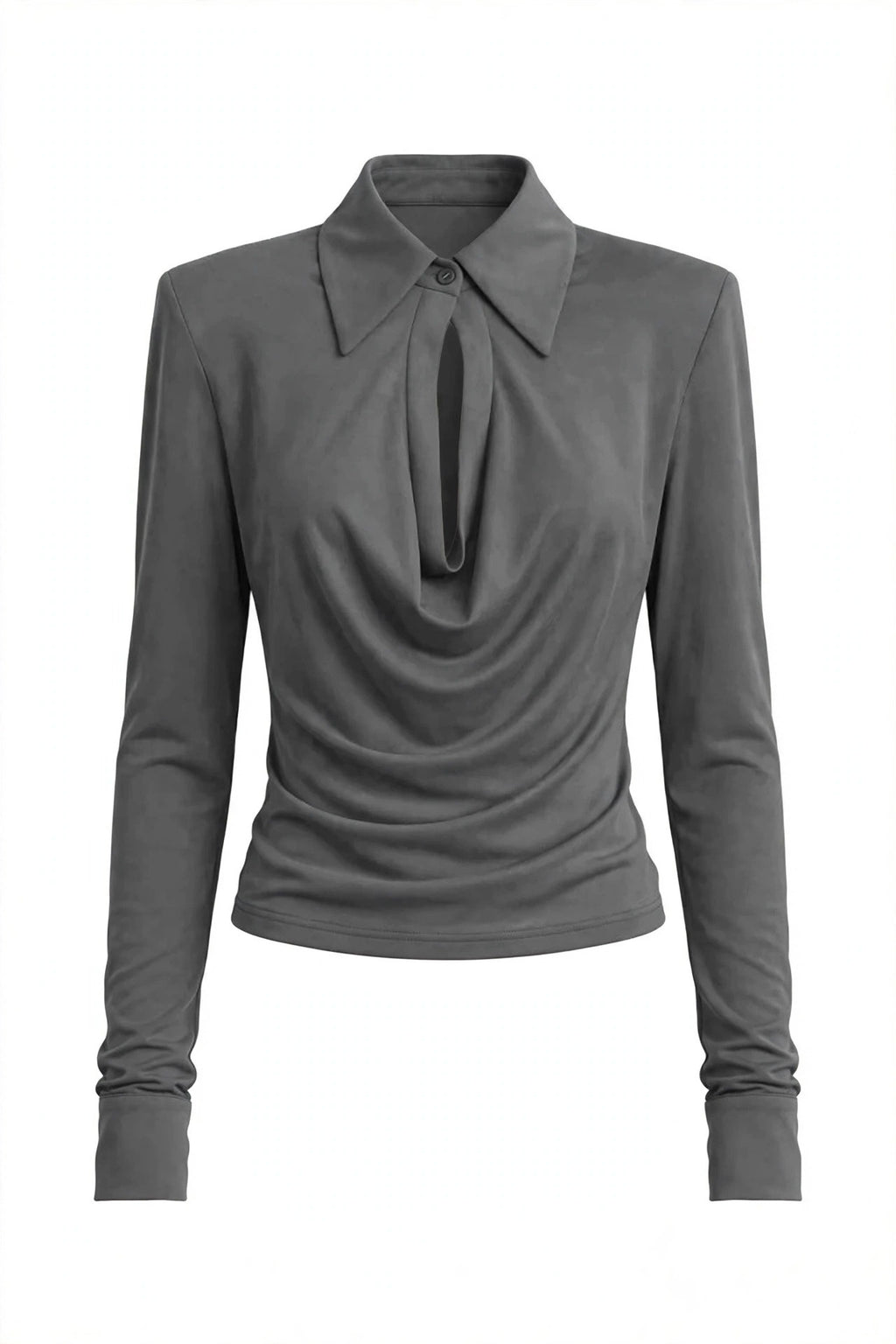 A dark gray long-sleeve top with a unique draped neckline and a small button detail at the collar, shown on a plain white background.