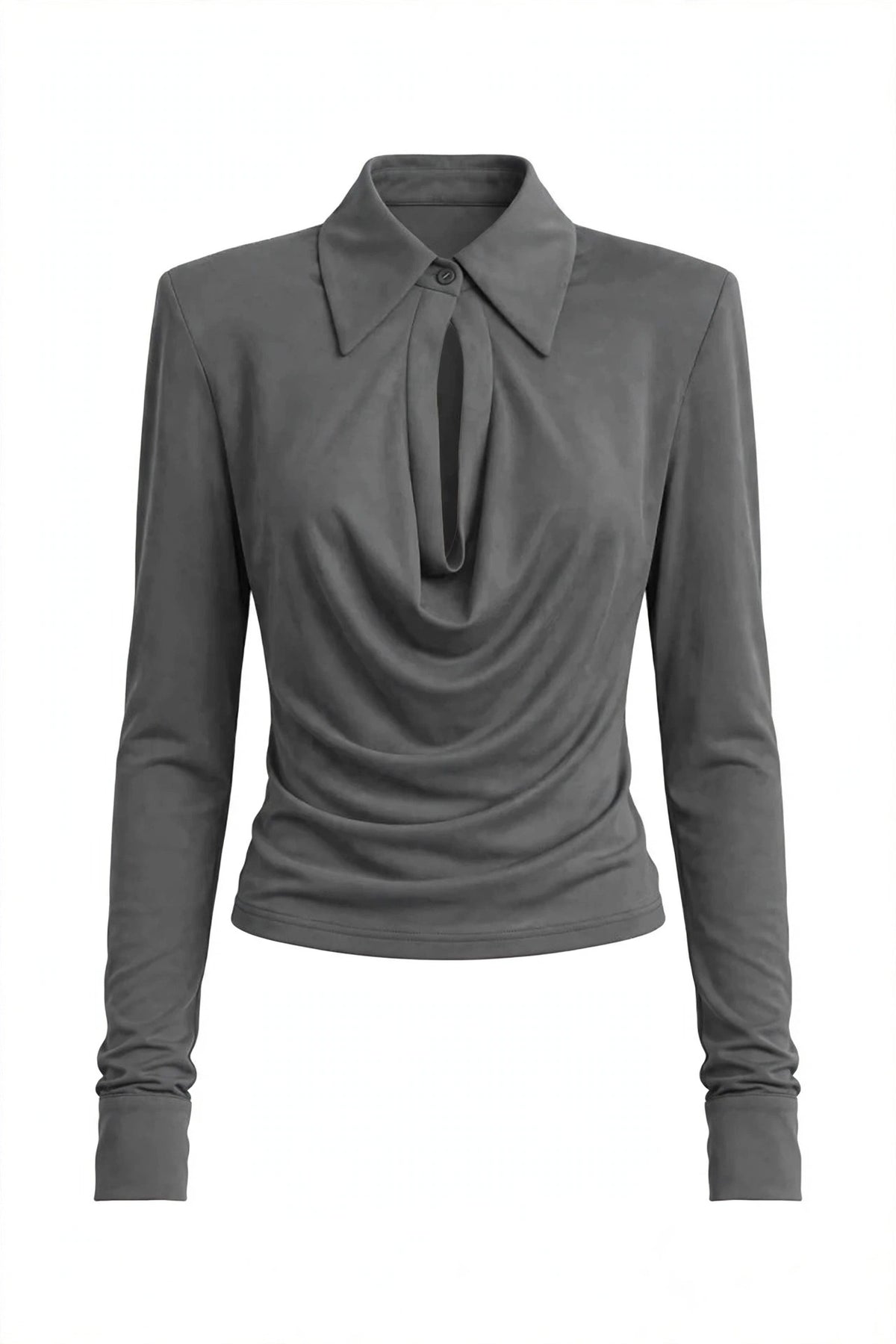 A dark gray long-sleeve top with a unique draped neckline and a small button detail at the collar, shown on a plain white background.