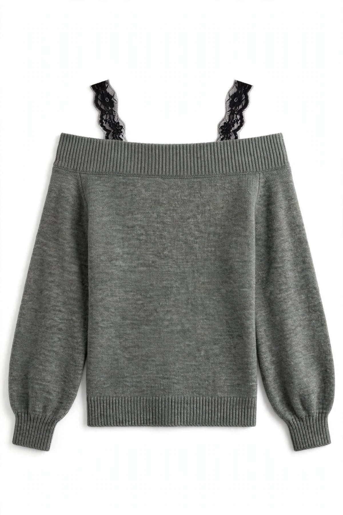 A gray knit cold-shoulder sweater with black lace shoulder straps, displayed flat against a white background.