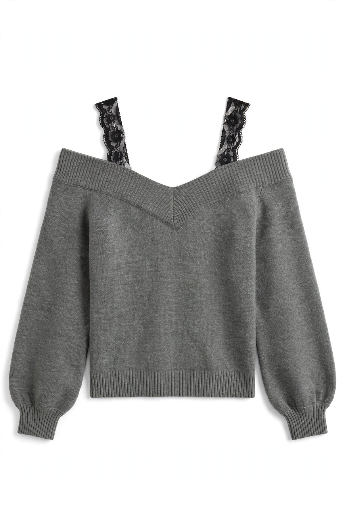 A gray knit cold-shoulder sweater with long balloon sleeves and black lace shoulder straps, shown flat against a white background.