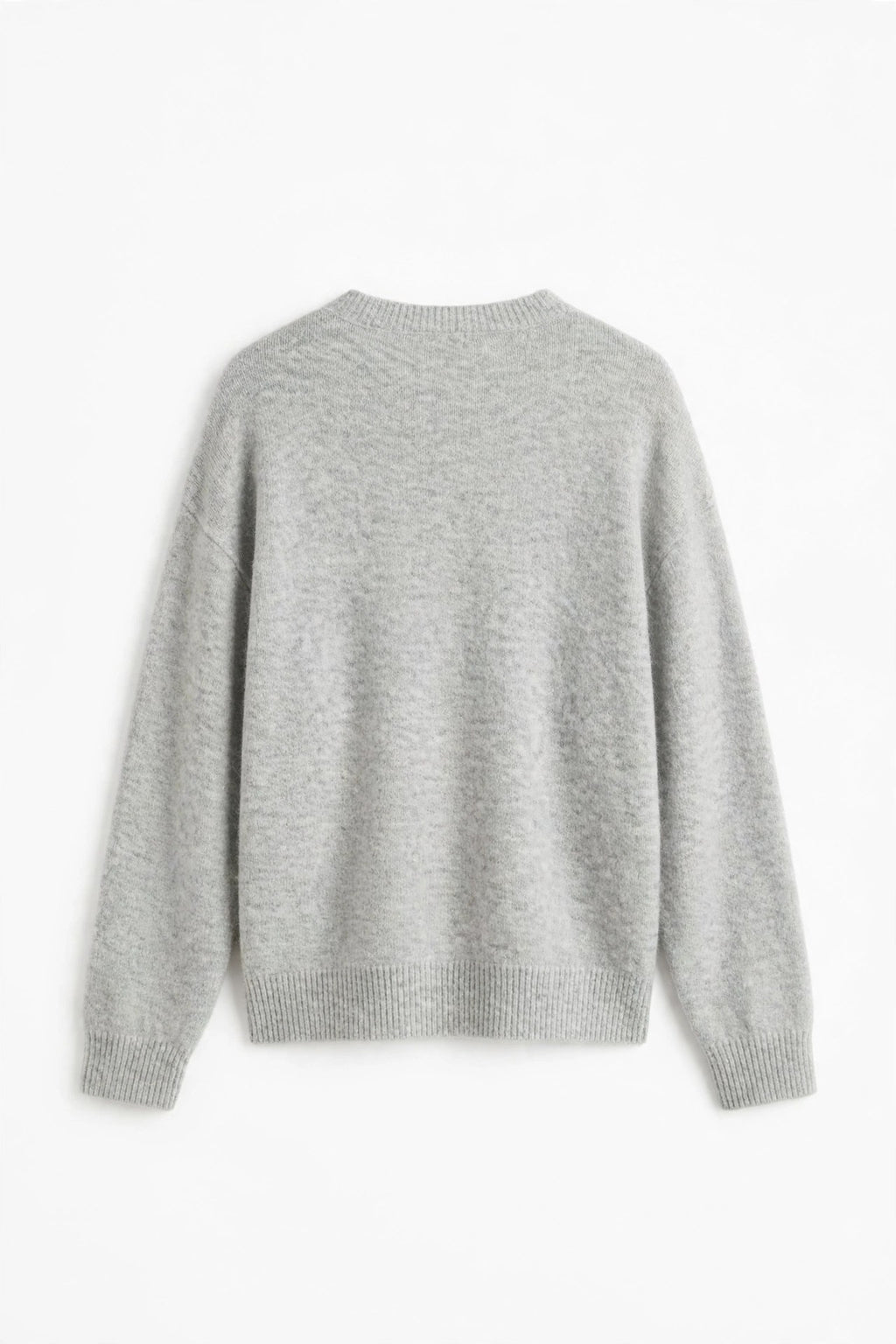 A light gray knit sweater with a crew neck and long sleeves, shown from the back against a plain white background.